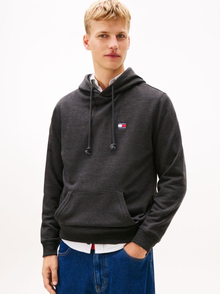 Grey Tommy Badge Terry Drawstring Hoody  Men