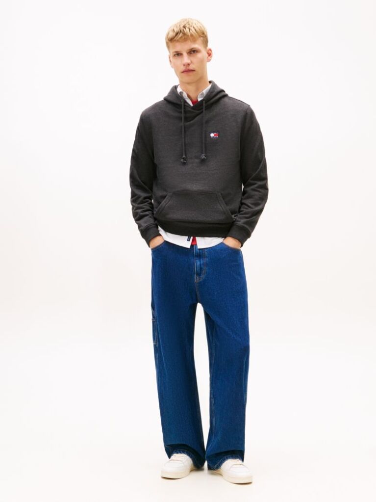 Grey Tommy Badge Terry Drawstring Hoody  Men