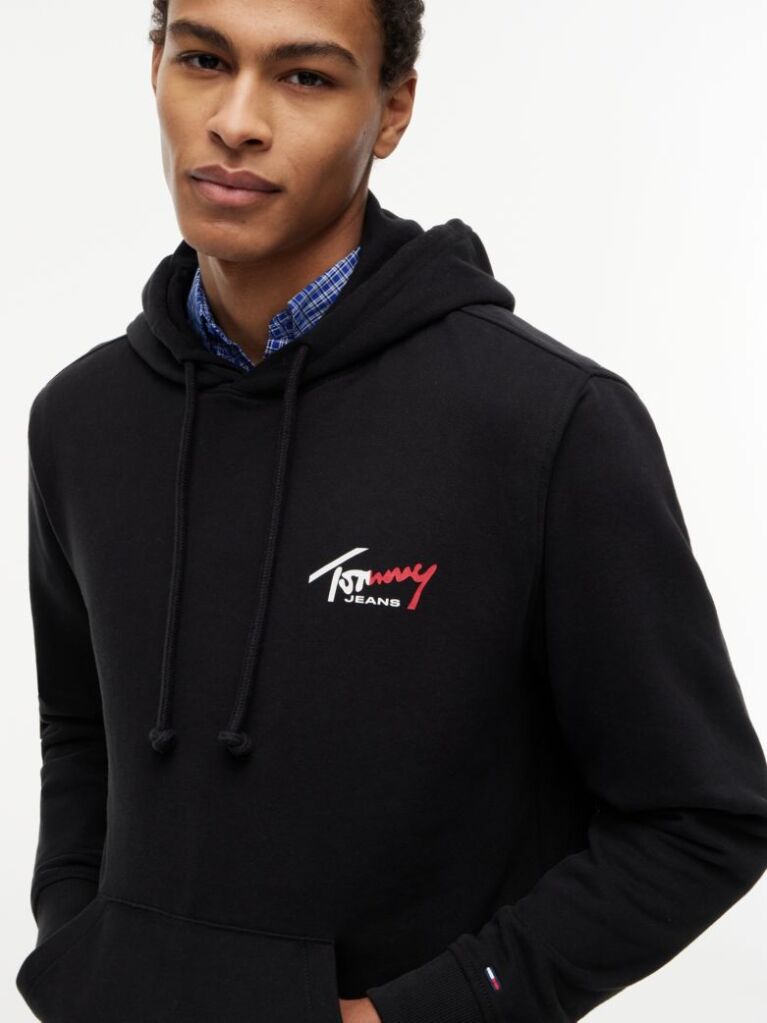 Black Signature Logo Terry Drawstring Hoody  Men
