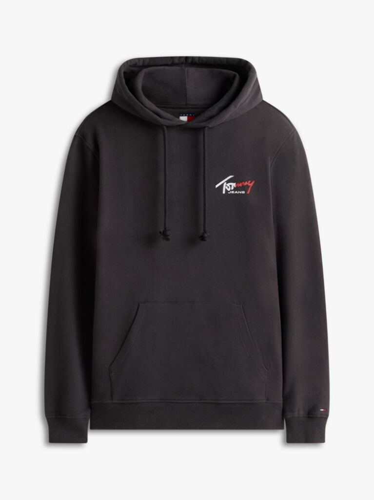 Black Signature Logo Terry Drawstring Hoody  Men