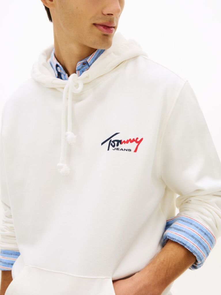 White Signature Logo Terry Drawstring Hoody  Men