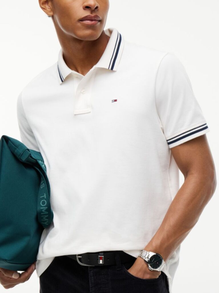 White Tommy Flag Regular Fit Tipped Polo Shirt  Men
