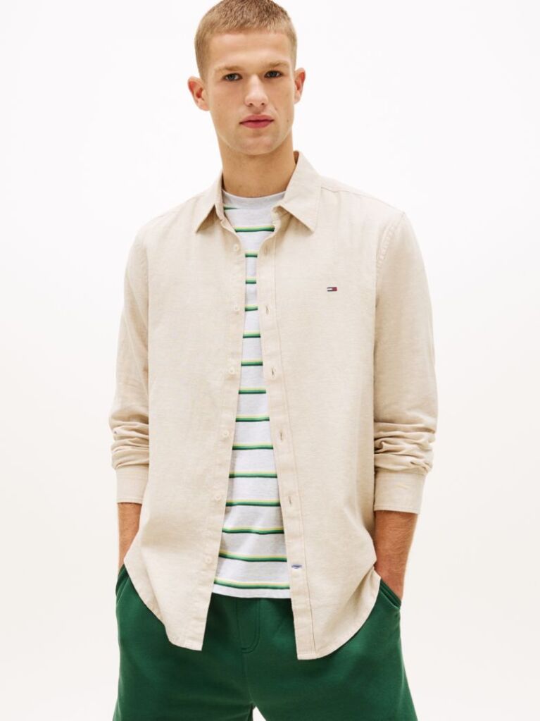 Beige Regular Fit Linen Blend Shirt  Men