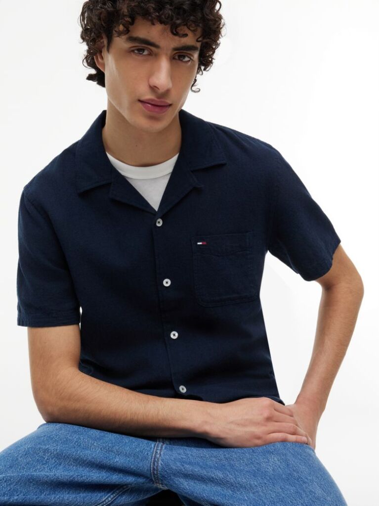 Blue Regular Fit Linen Blend Short Sleeve Shirt  Men