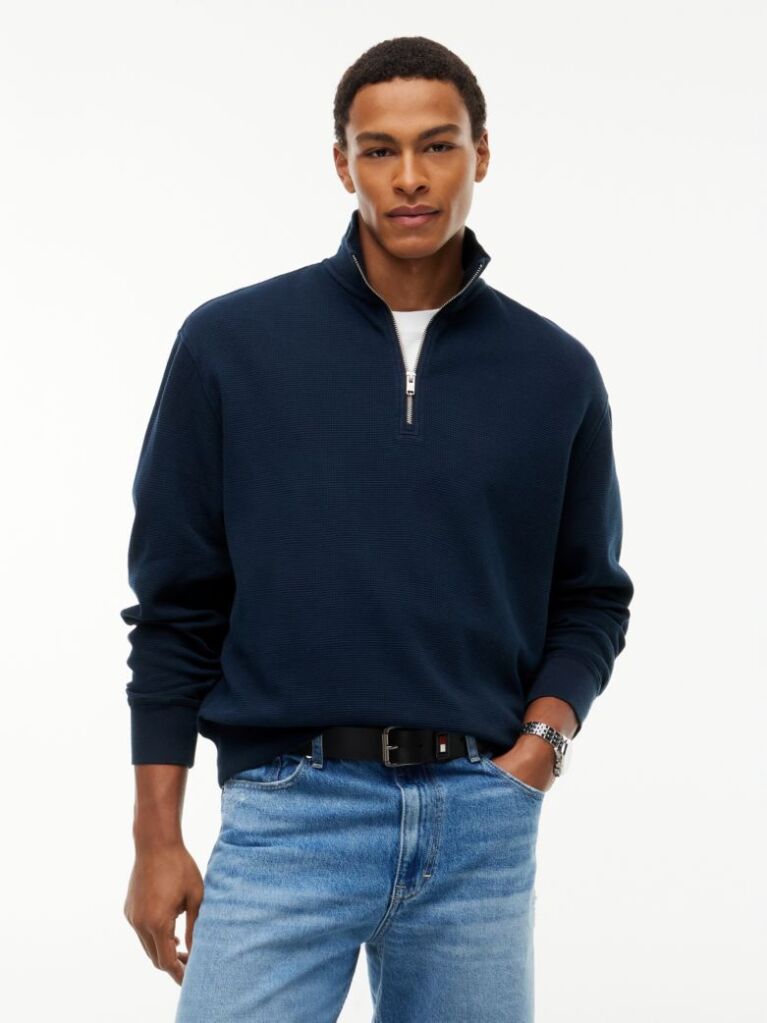 Blue Waffle Knit Relaxed Quarter-Zip Sweatshirt  Men