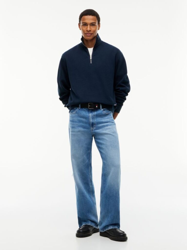 Blue Waffle Knit Relaxed Quarter-Zip Sweatshirt  Men