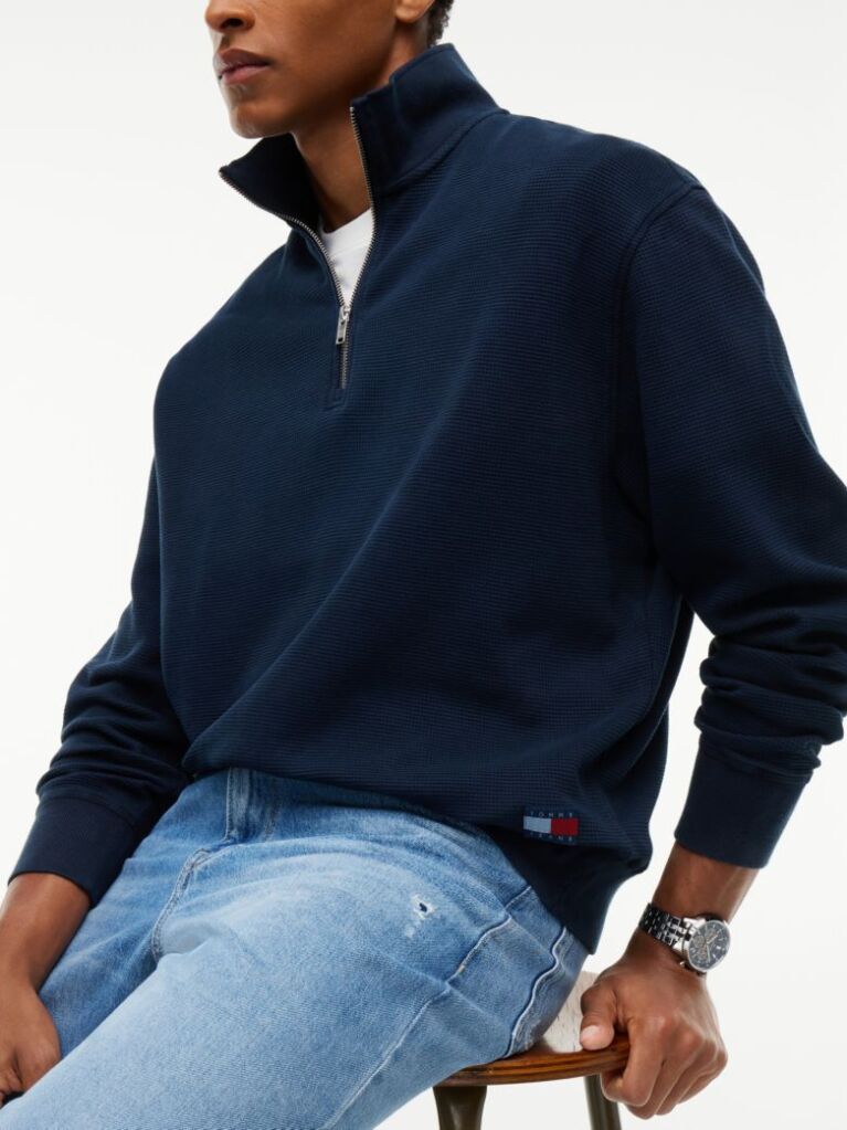 Blue Waffle Knit Relaxed Quarter-Zip Sweatshirt  Men