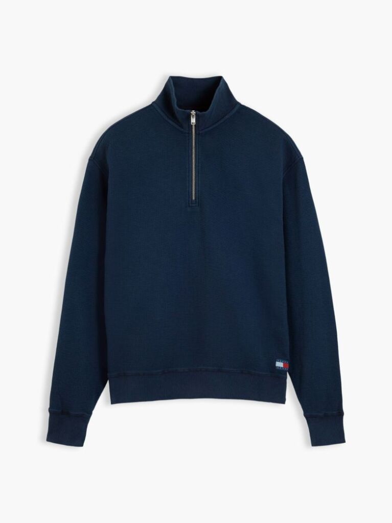 Blue Waffle Knit Relaxed Quarter-Zip Sweatshirt  Men