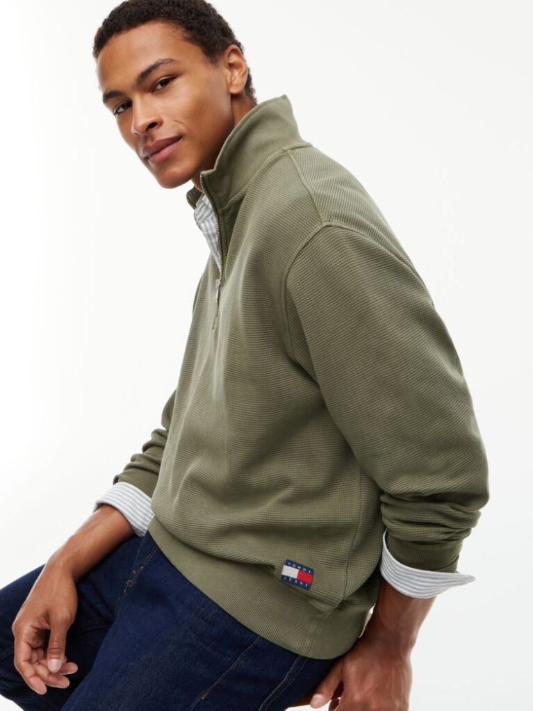 Green Waffle Knit Relaxed Quarter-Zip Sweatshirt  Men
