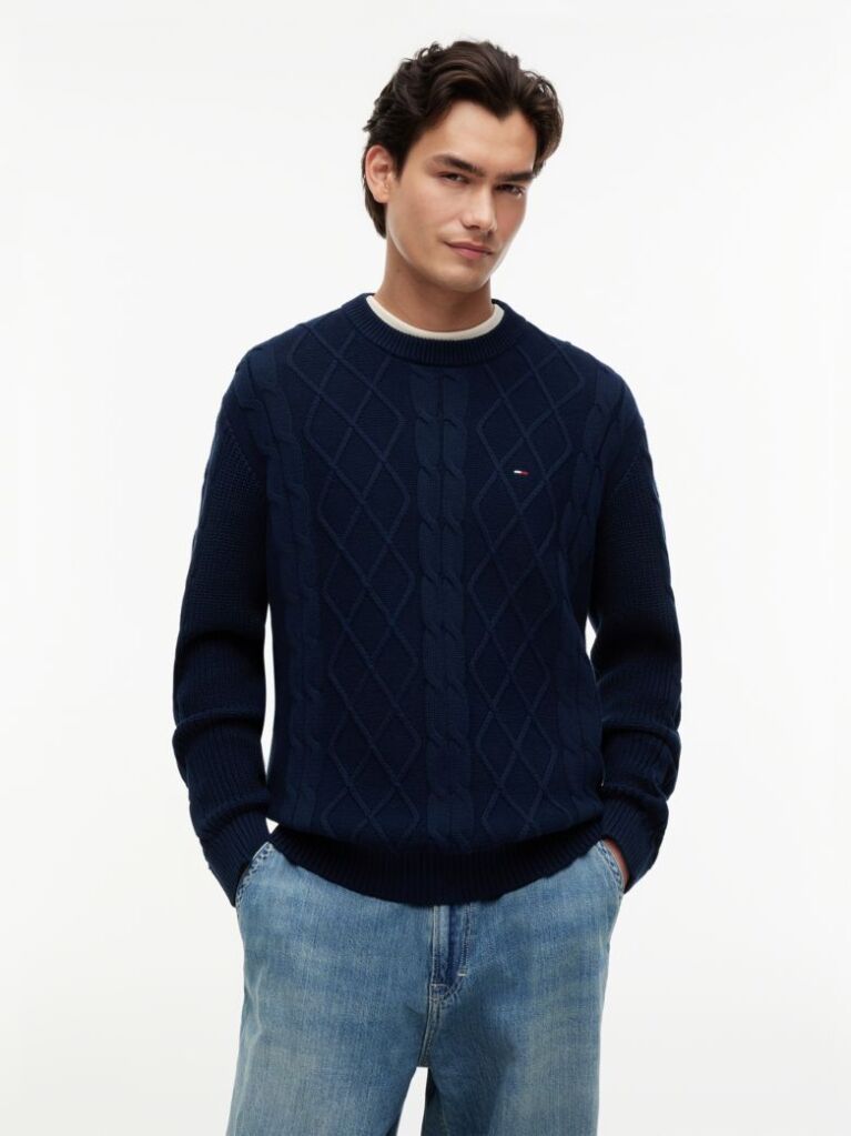 Blue Tommy Flag Cable Knit Jumper  Men