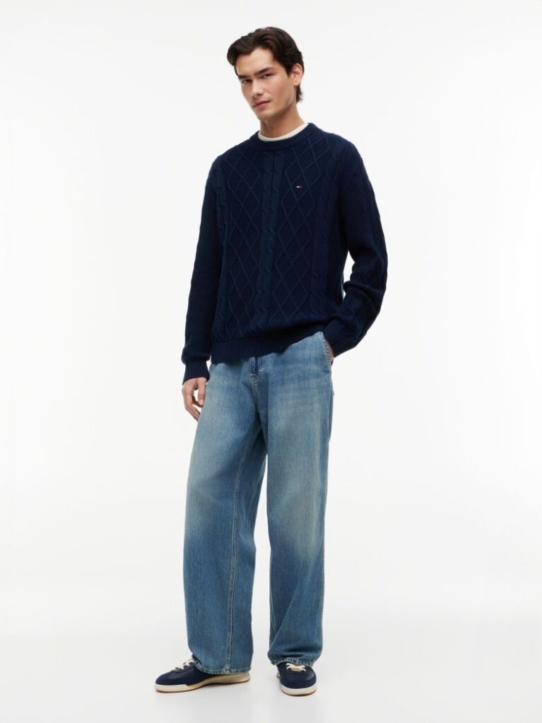 Blue Tommy Flag Cable Knit Jumper  Men