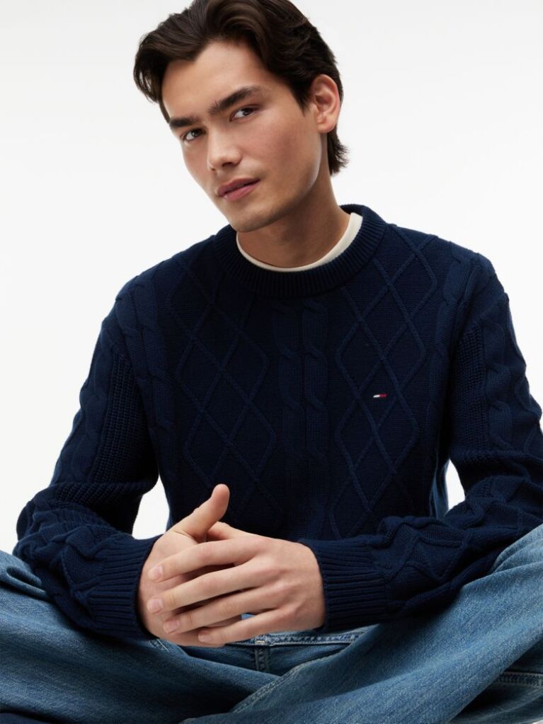 Blue Tommy Flag Cable Knit Jumper  Men