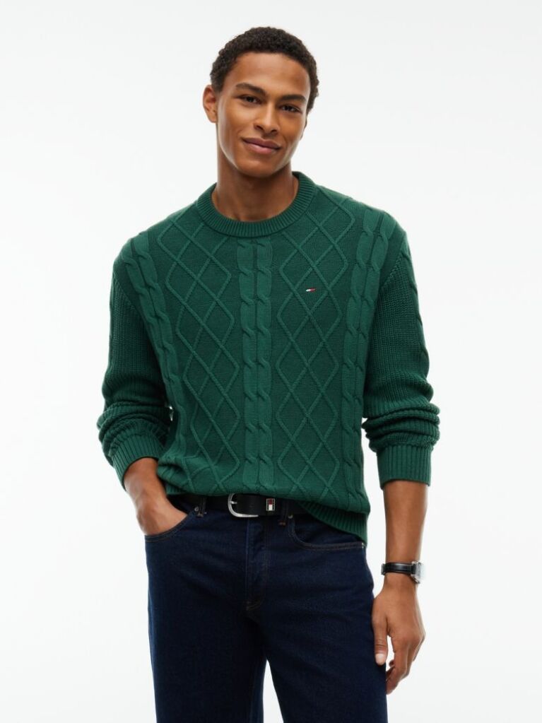 Green Tommy Flag Cable Knit Jumper  Men
