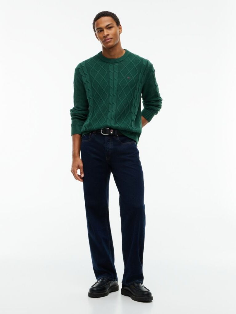 Green Tommy Flag Cable Knit Jumper  Men