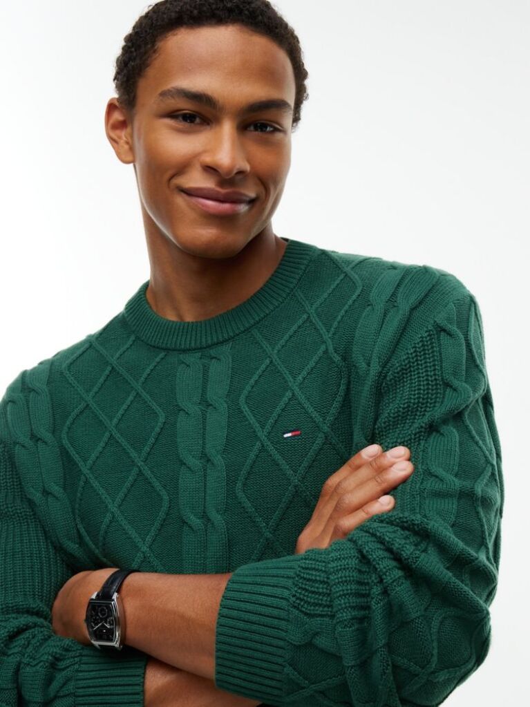 Green Tommy Flag Cable Knit Jumper  Men