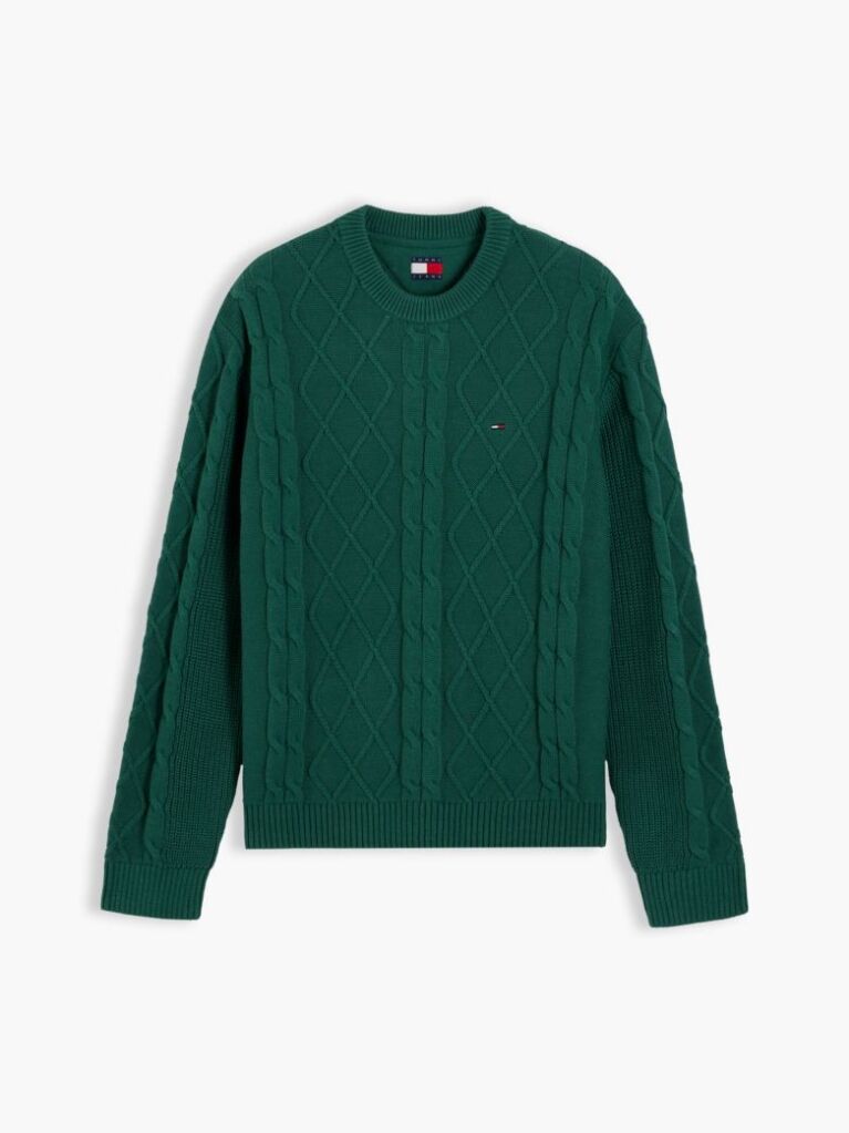 Green Tommy Flag Cable Knit Jumper  Men