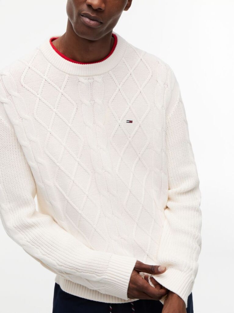 White Tommy Flag Cable Knit Jumper  Men