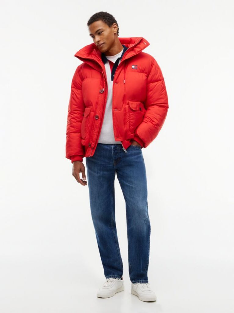 Red Logo Hooded Relaxed Puffer Jacket  Men