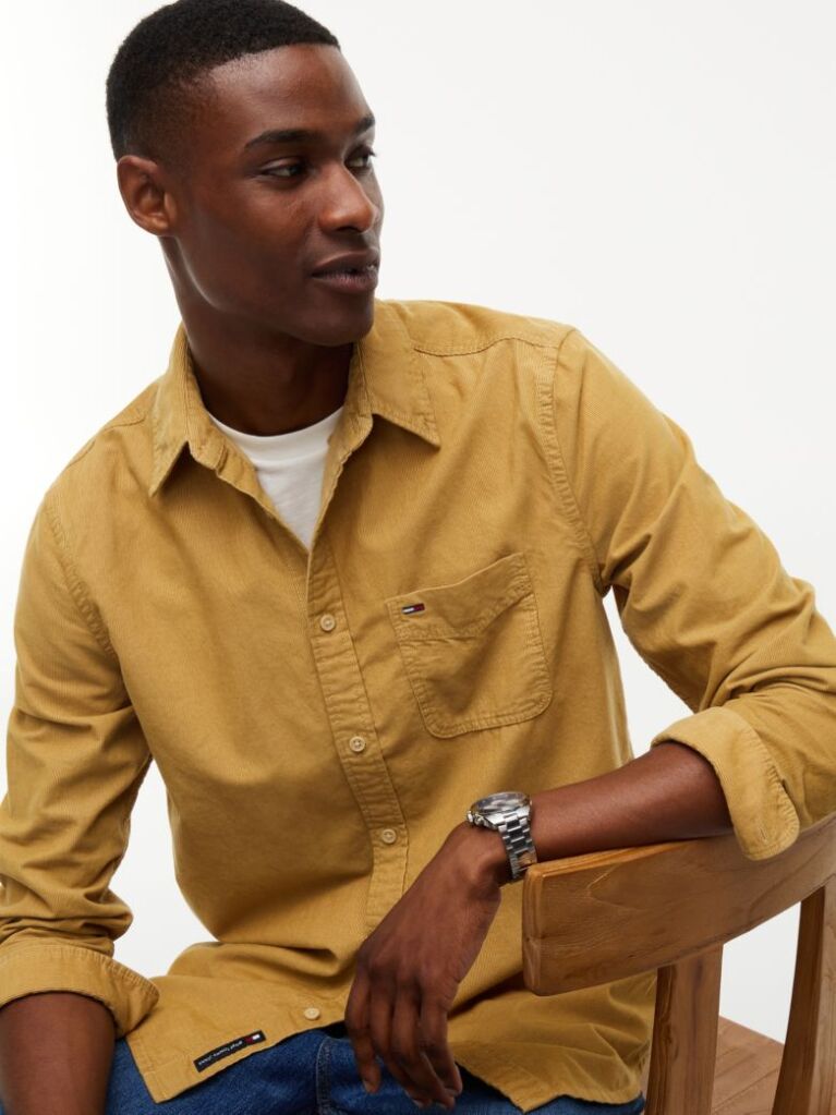 Beige Regular Fit Button-Down Corduroy Shirt  Men