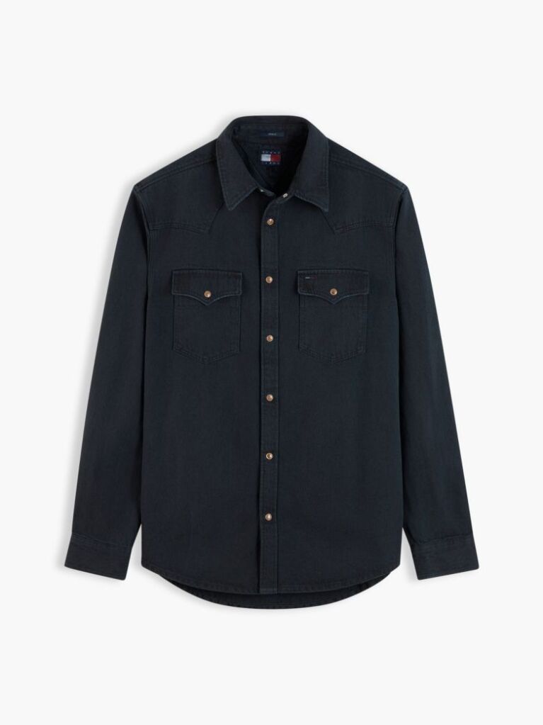 Μαύρο Western Denim Πουκάμισο Ξεθωριασμένο Σε Κανονική Γραμμή  Άνδρες