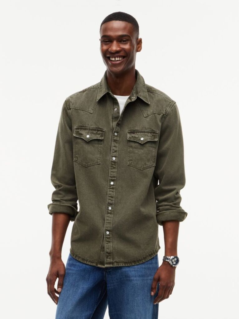 Πράσινο Western Denim Πουκάμισο Ξεθωριασμένο Σε Κανονική Γραμμή  Άνδρες