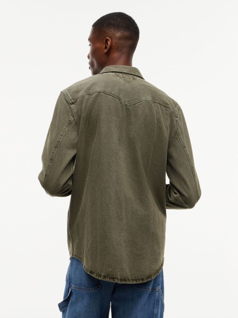 Πράσινο Western Denim Πουκάμισο Ξεθωριασμένο Σε Κανονική Γραμμή  Άνδρες