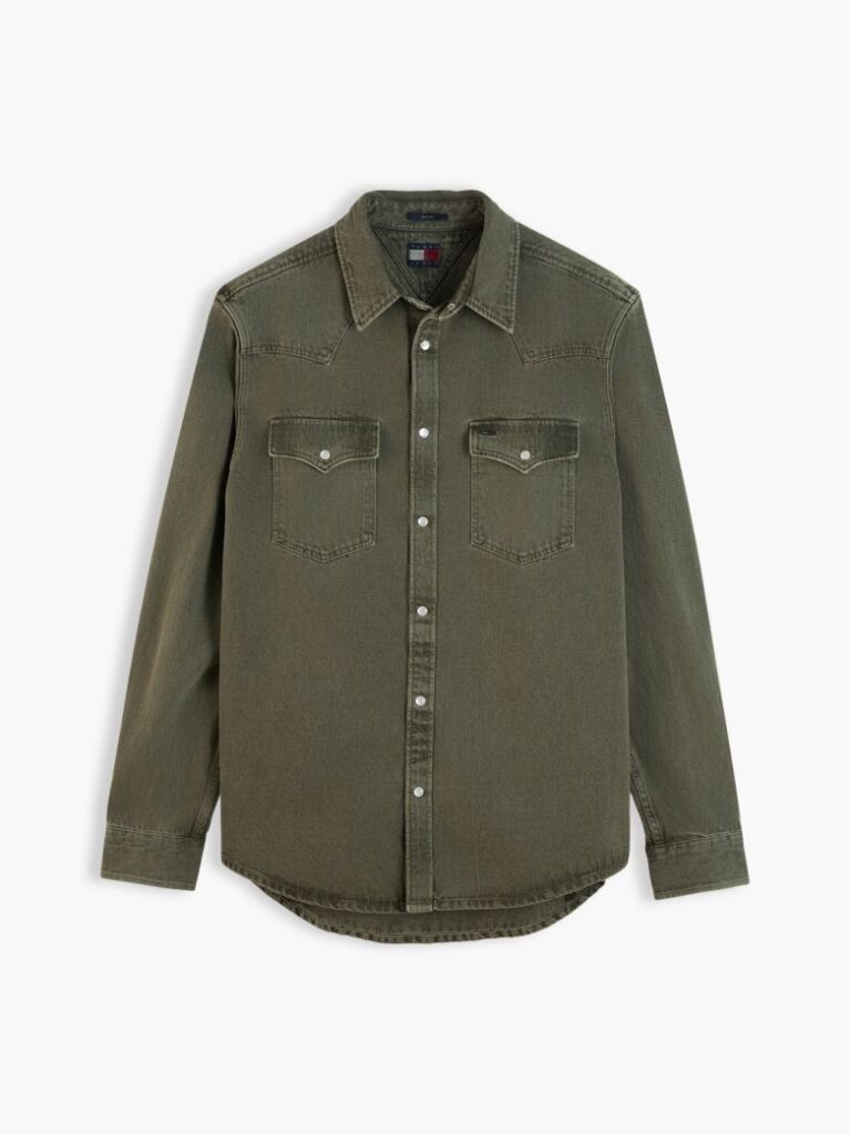 Πράσινο Western Denim Πουκάμισο Ξεθωριασμένο Σε Κανονική Γραμμή  Άνδρες