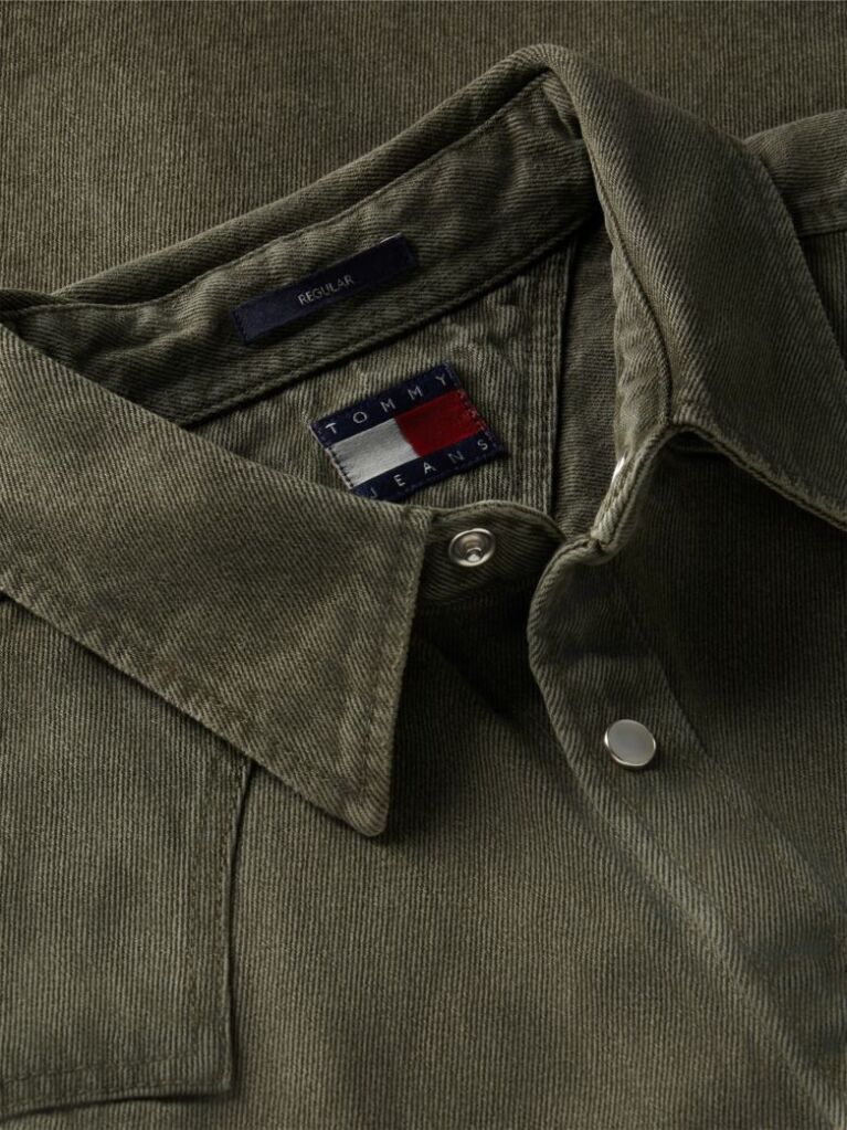 Πράσινο Western Denim Πουκάμισο Ξεθωριασμένο Σε Κανονική Γραμμή  Άνδρες