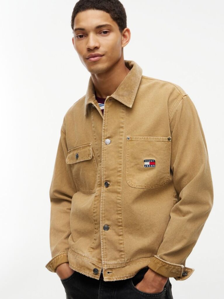 Beige Corduroy Collar Oversized Canvas Overshirt  Men