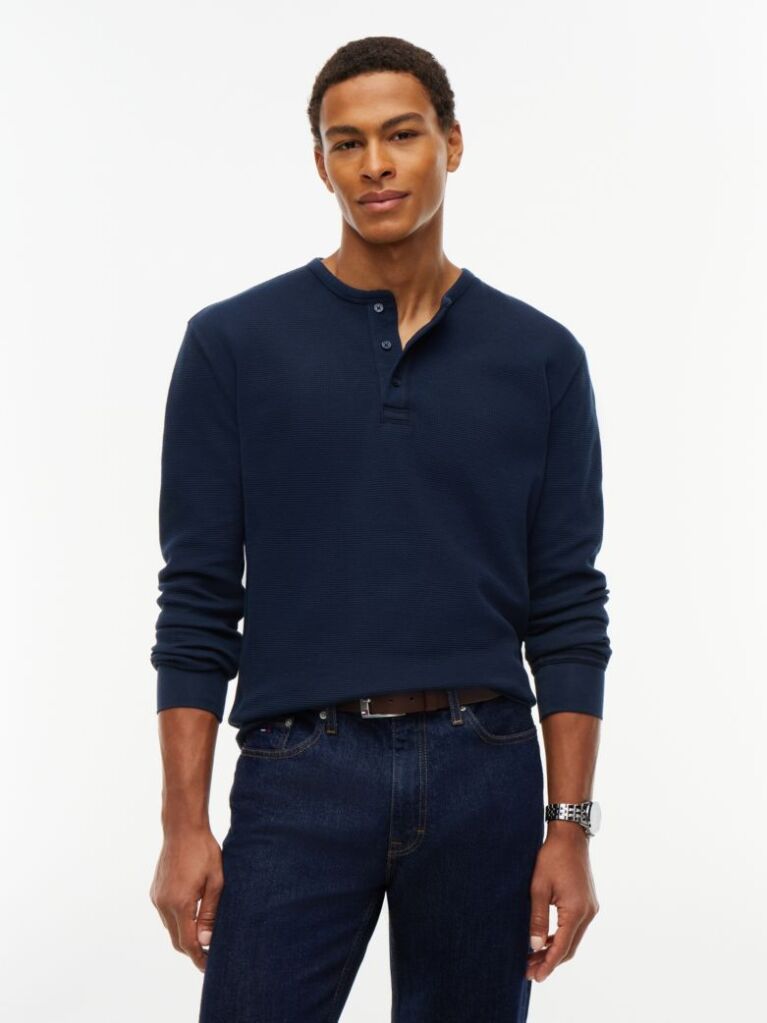Μπλε Μακρυμάνικο T-Shirt Με Henley Λαιμόκοψη Και Waffle Πλέξη  Άνδρες
