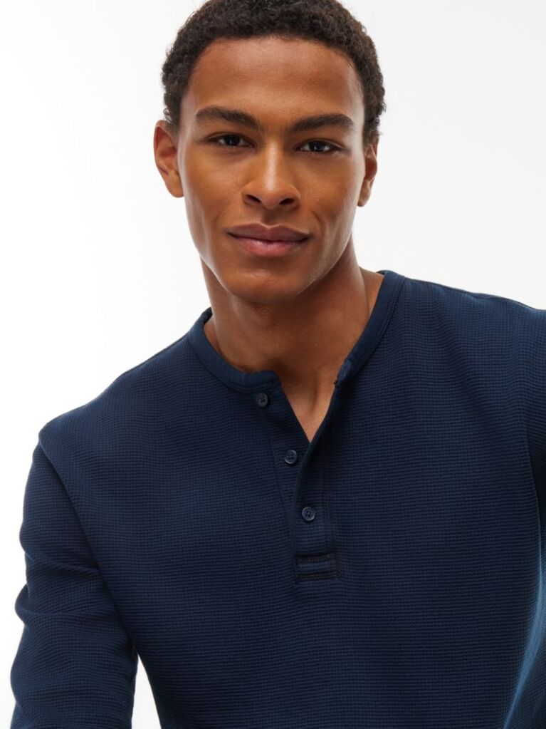 Μπλε Μακρυμάνικο T-Shirt Με Henley Λαιμόκοψη Και Waffle Πλέξη  Άνδρες
