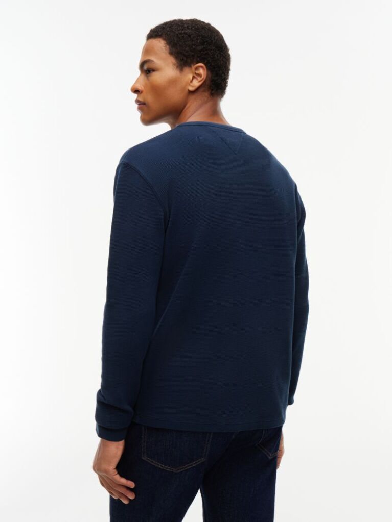 Μπλε Μακρυμάνικο T-Shirt Με Henley Λαιμόκοψη Και Waffle Πλέξη  Άνδρες