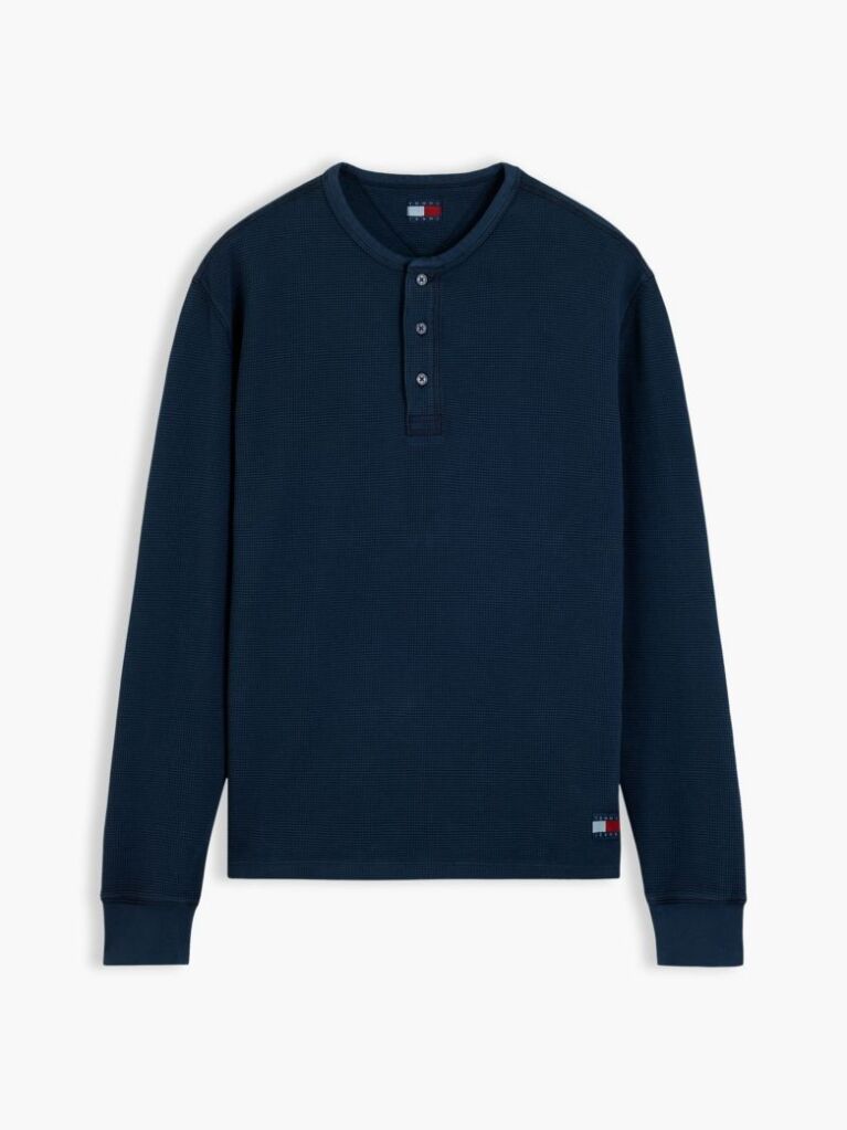 Μπλε Μακρυμάνικο T-Shirt Με Henley Λαιμόκοψη Και Waffle Πλέξη  Άνδρες