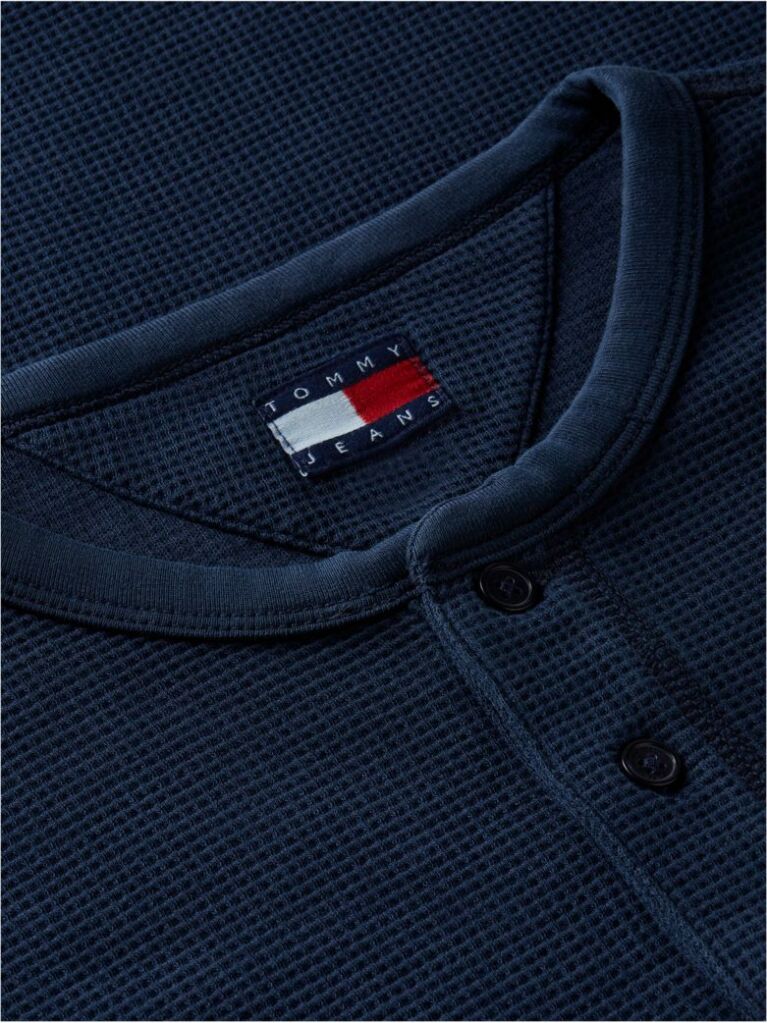 Μπλε Μακρυμάνικο T-Shirt Με Henley Λαιμόκοψη Και Waffle Πλέξη  Άνδρες