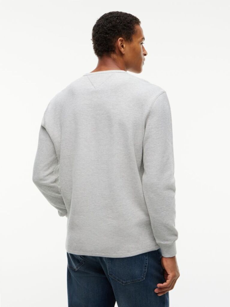 Γκρι Μακρυμάνικο T-Shirt Με Henley Λαιμόκοψη Και Waffle Πλέξη  Άνδρες