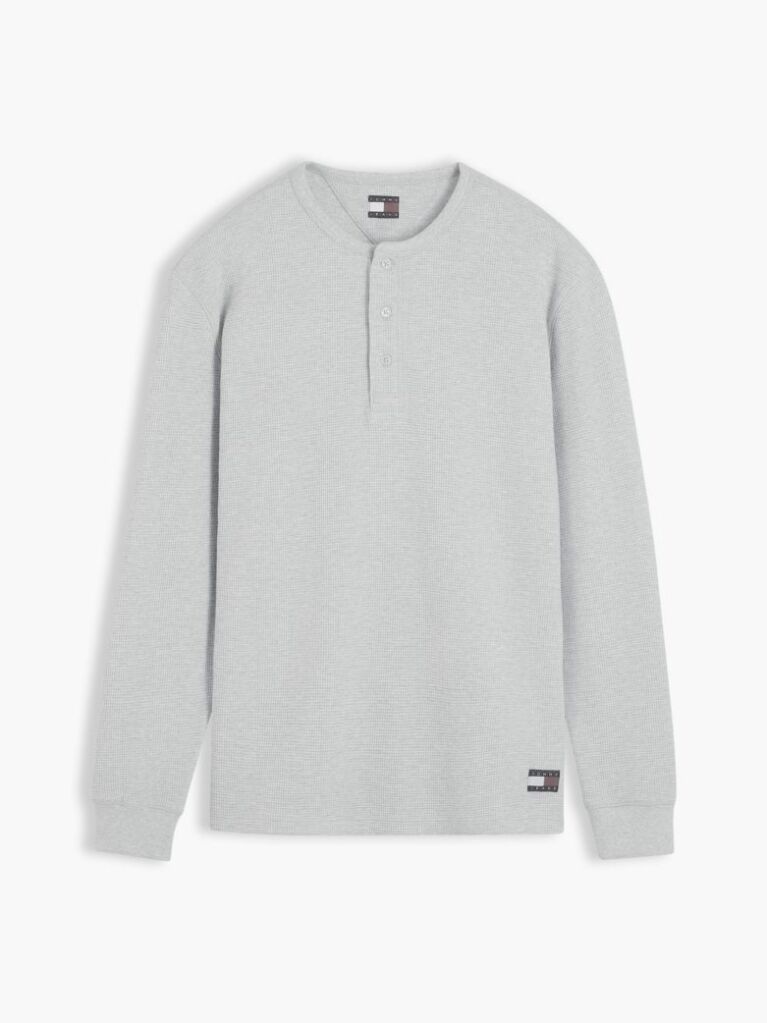 Γκρι Μακρυμάνικο T-Shirt Με Henley Λαιμόκοψη Και Waffle Πλέξη  Άνδρες