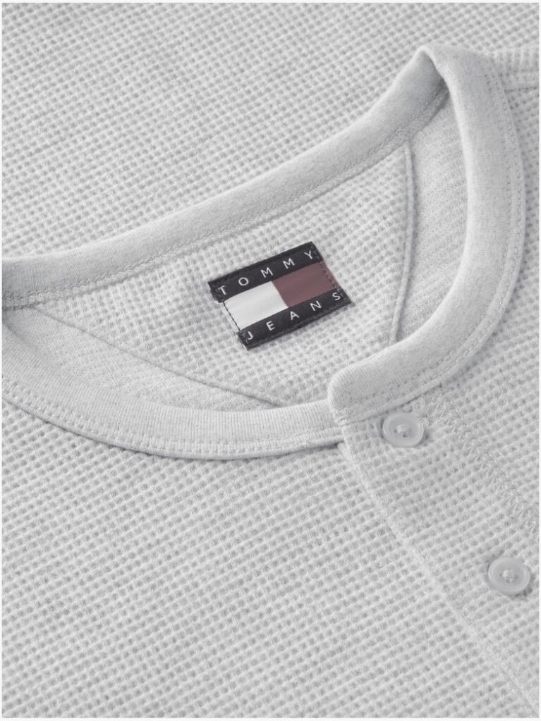 Γκρι Μακρυμάνικο T-Shirt Με Henley Λαιμόκοψη Και Waffle Πλέξη  Άνδρες