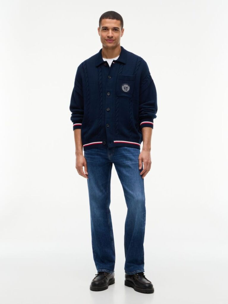 Blue Cable Knit Polo Collar Relaxed Cardigan  Men