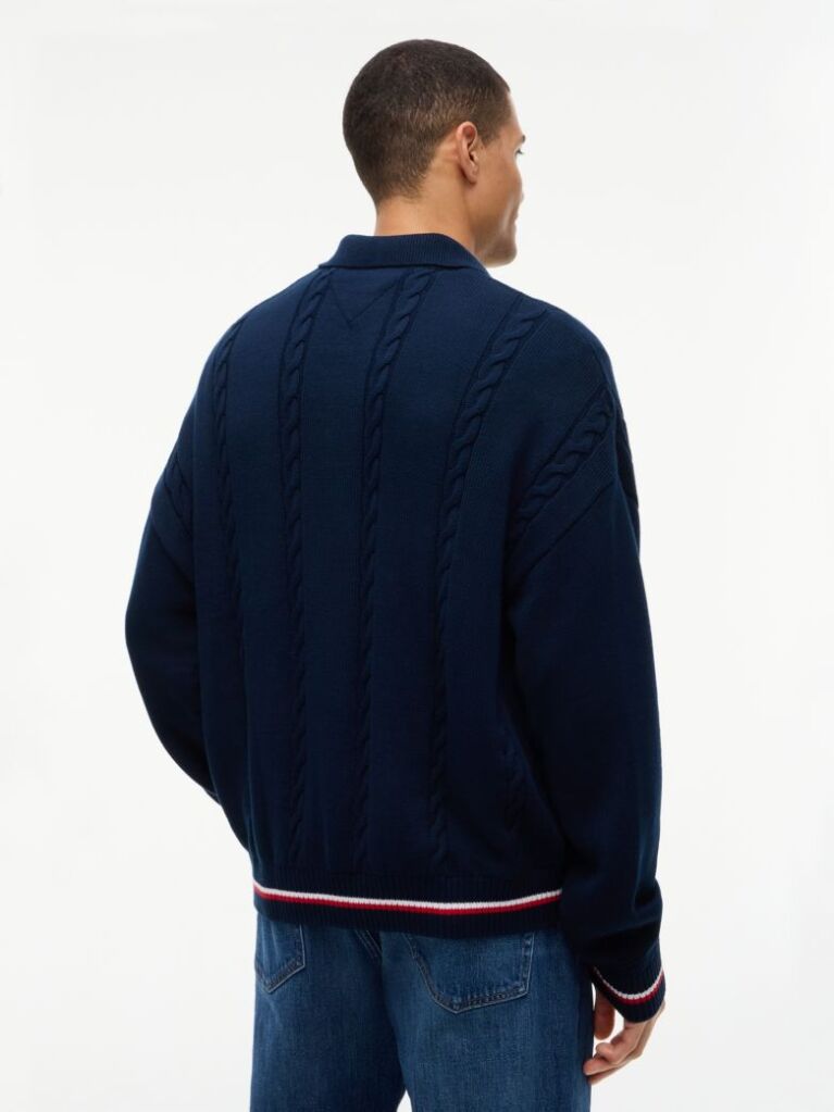 Blue Cable Knit Polo Collar Relaxed Cardigan  Men