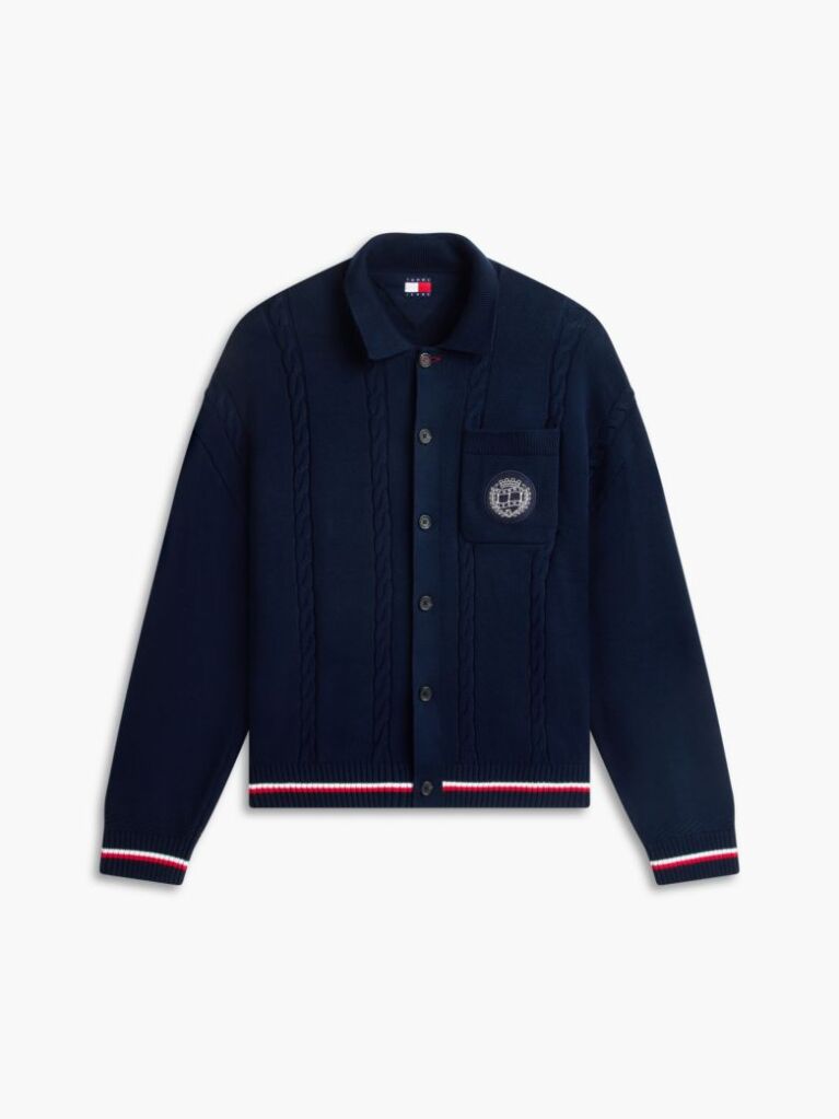 Blue Cable Knit Polo Collar Relaxed Cardigan  Men