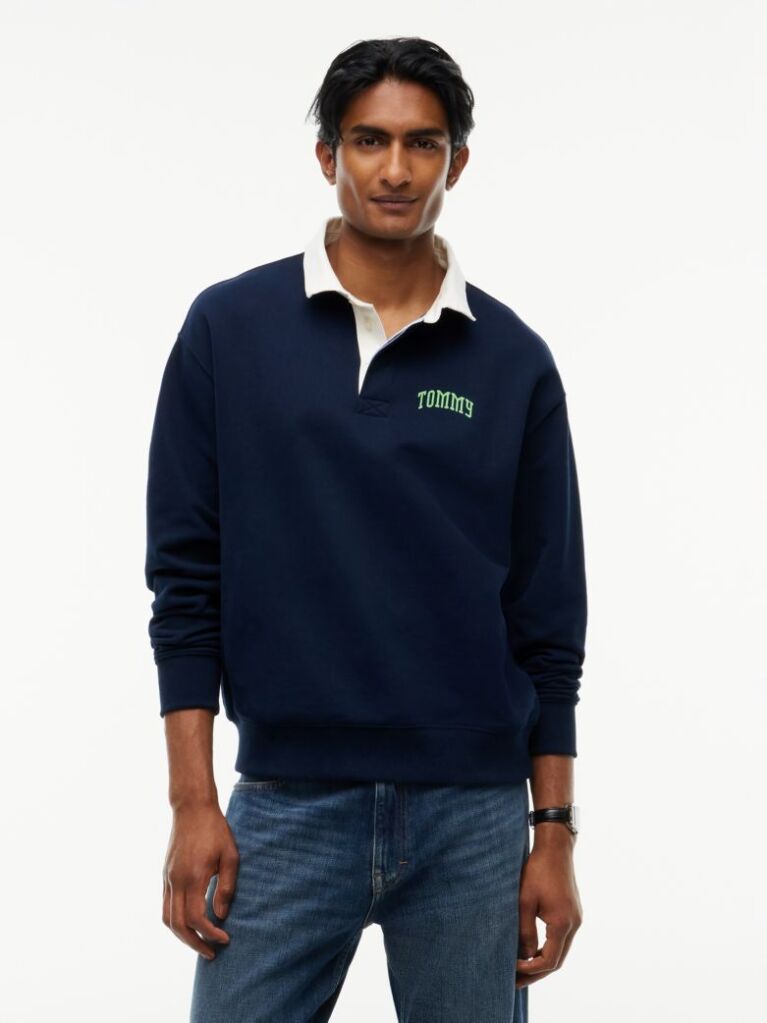 Blue Contrast Collar Relaxed Rugby Shirt  Men