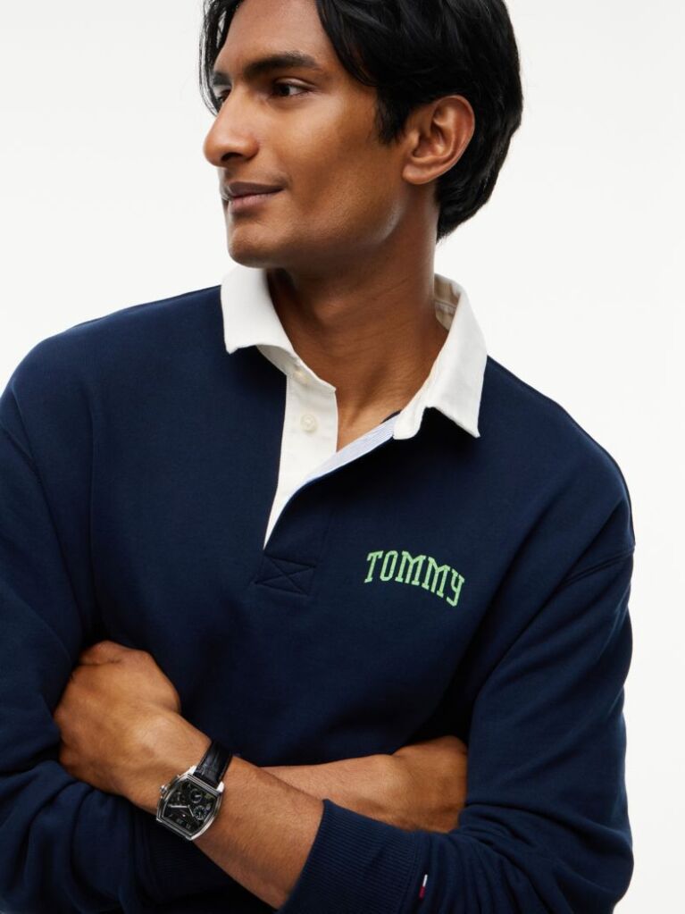 Blue Contrast Collar Relaxed Rugby Shirt  Men