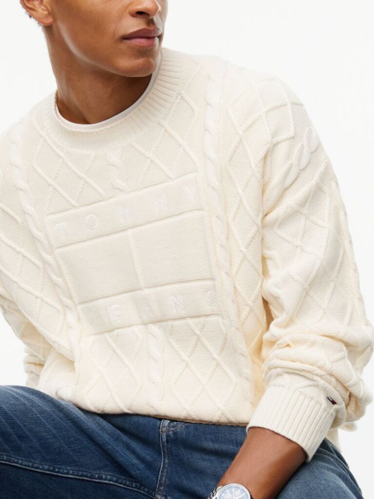 Beige Diamond Cable Knit Relaxed Jumper  Men
