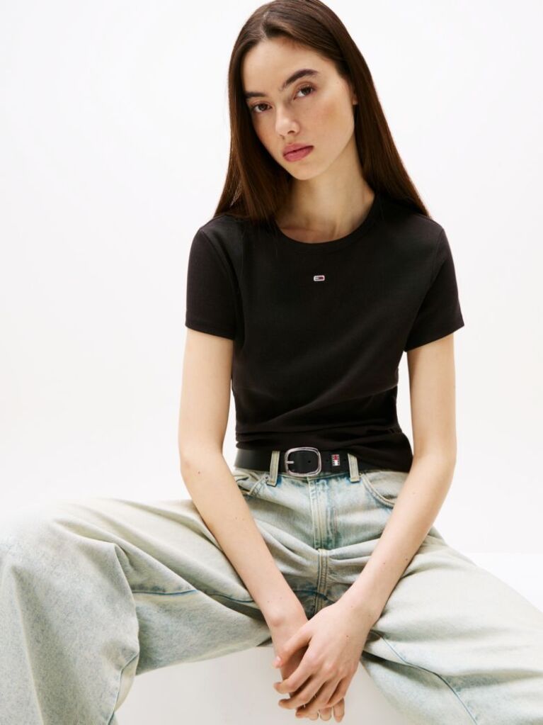 Black Essential Slim Rib-Knit T-Shirt  Women