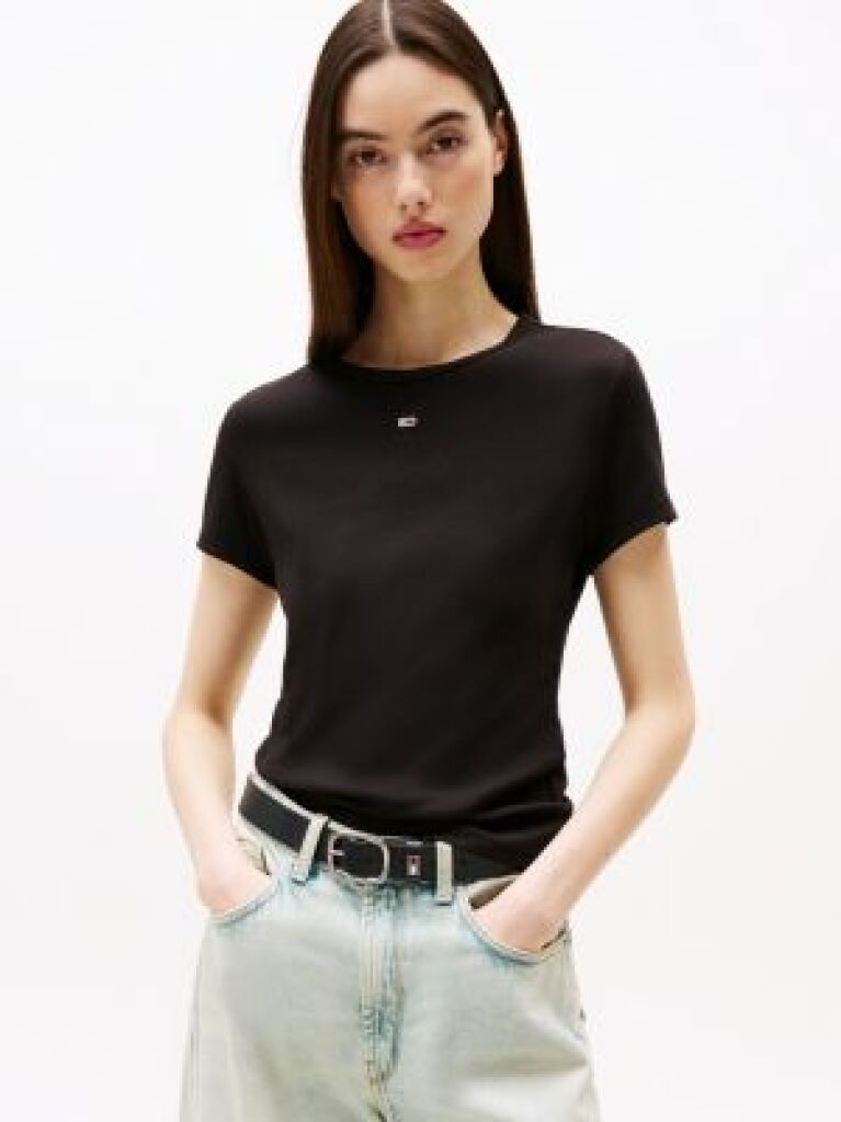 Black Essential Slim Rib-Knit T-Shirt  Women