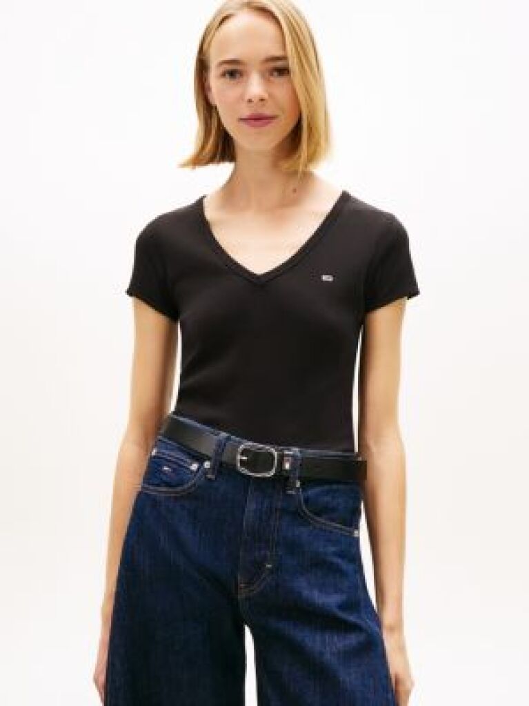 Black Essential V-Neck Slim Fit T-Shirt  Women