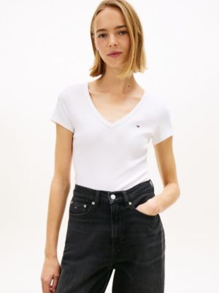 Άσπρο Essential T-Shirt Σε Slim Γραμμή Με V  Γυναίκες