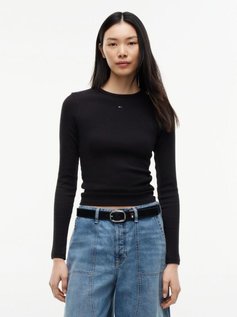Μαύρο Μακρυμάνικο Ριμπ T-Shirt Σε Slim Γραμμή  Γυναίκες