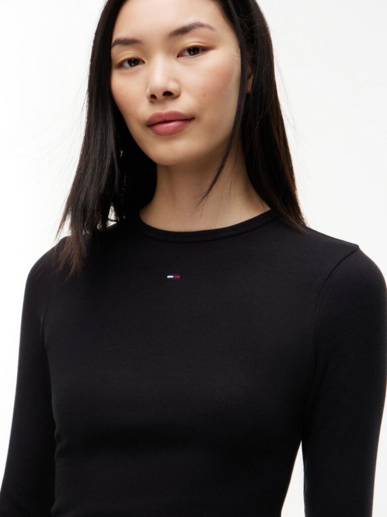Μαύρο Μακρυμάνικο Ριμπ T-Shirt Σε Slim Γραμμή  Γυναίκες
