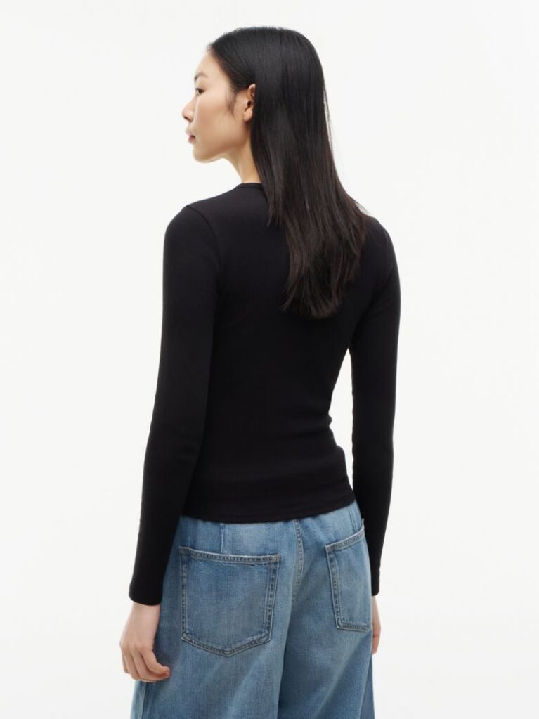Μαύρο Μακρυμάνικο Ριμπ T-Shirt Σε Slim Γραμμή  Γυναίκες